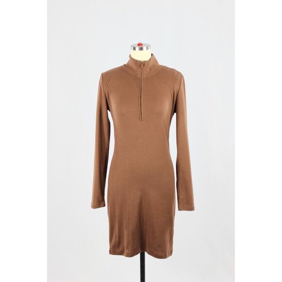 Aritzia SUNDAY BEST Brown Cotton Blend Jersey Half Zip Long Sleeve Dress, Size M - Picture 1 of 12